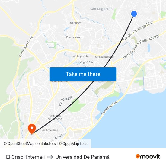 El Crisol Interna-I to Universidad De Panamá map