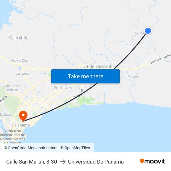 Calle San Martín, 3-30 to Universidad De Panamá map