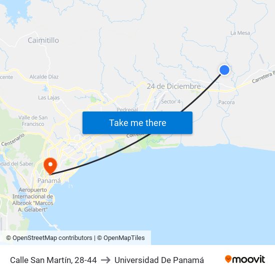 Calle San Martín, 28-44 to Universidad De Panamá map