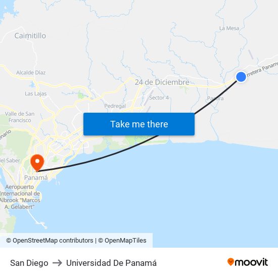 San Diego to Universidad De Panamá map