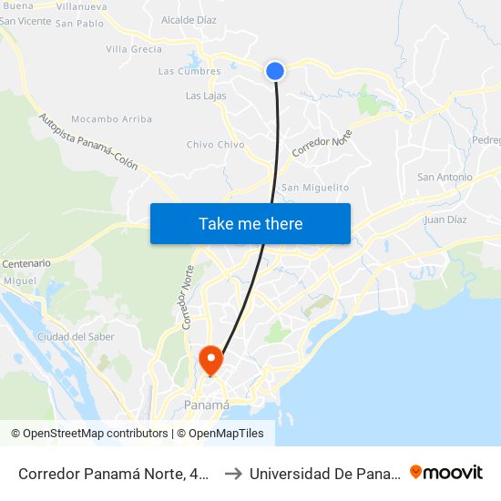 Corredor Panamá Norte, 431-1 to Universidad De Panamá map