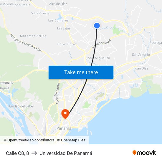 Calle C8, 8 to Universidad De Panamá map