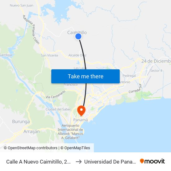 Calle A Nuevo Caimitillo, 2431 to Universidad De Panamá map