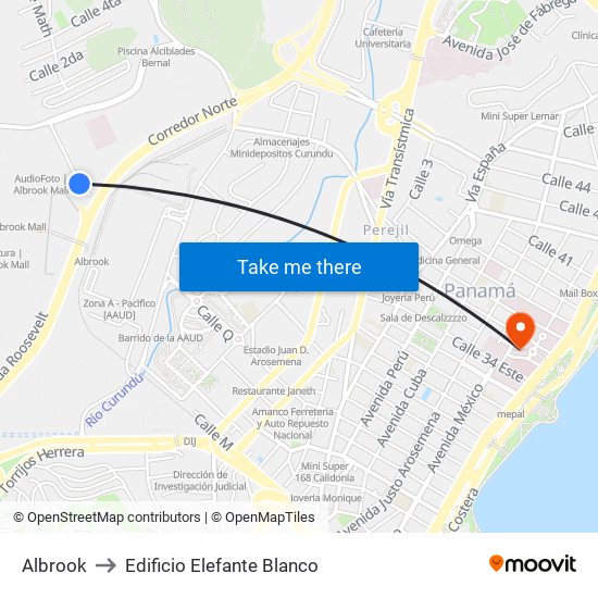Albrook to Edificio Elefante Blanco map