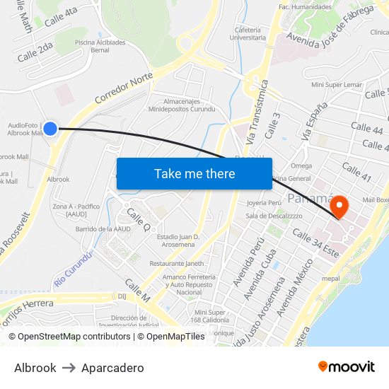 Albrook to Aparcadero map