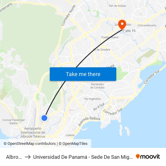 Albrook to Universidad De Panamá - Sede De San Miguelito map