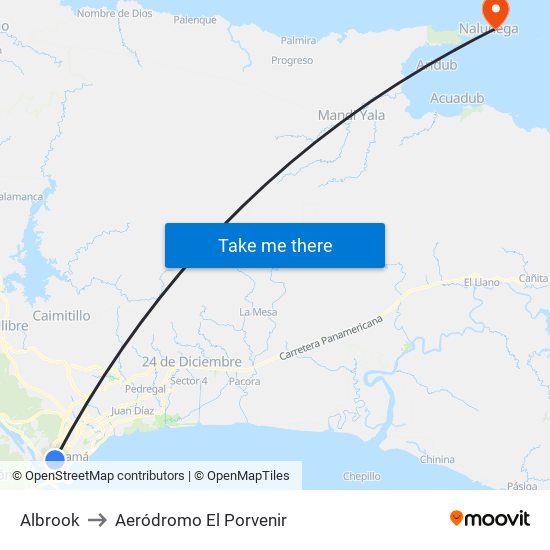 Albrook to Aeródromo El Porvenir map