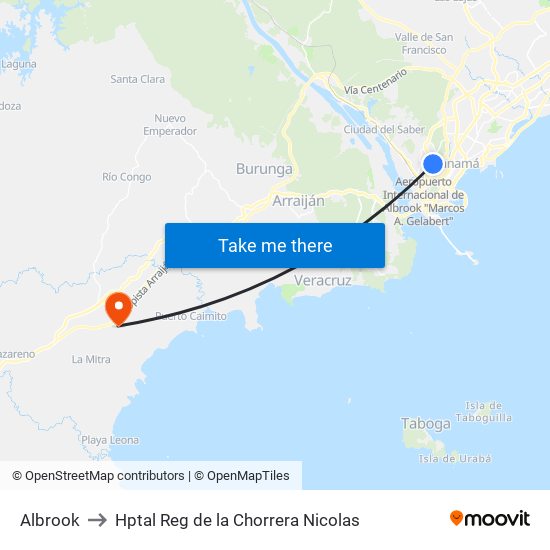 Albrook to Hptal Reg de la Chorrera Nicolas map