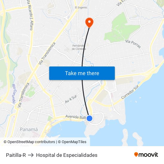 Paitilla-R to Hospital de Especialidades map