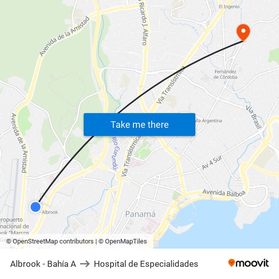 Albrook - Bahía A to Hospital de Especialidades map