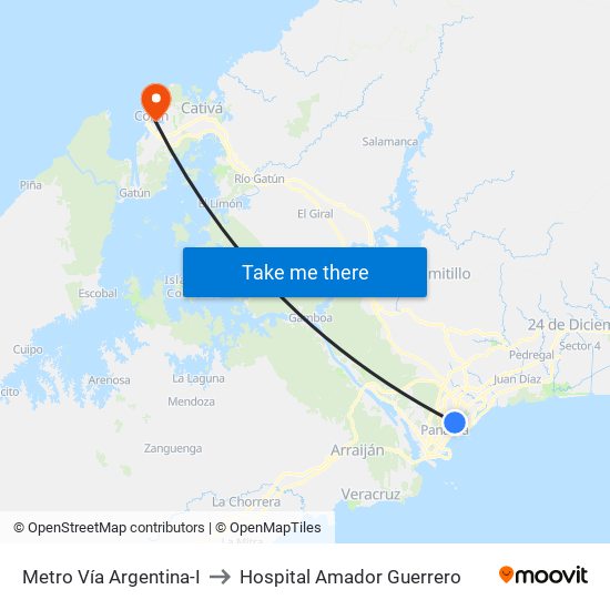 Metro Vía Argentina-I to Hospital Amador Guerrero map