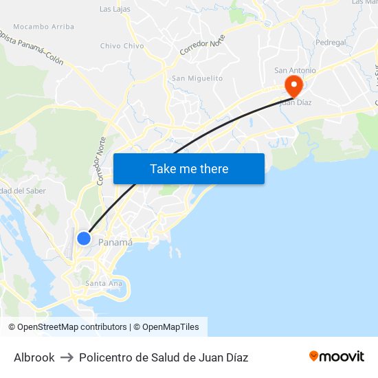 Albrook to Policentro de Salud de Juan Díaz map