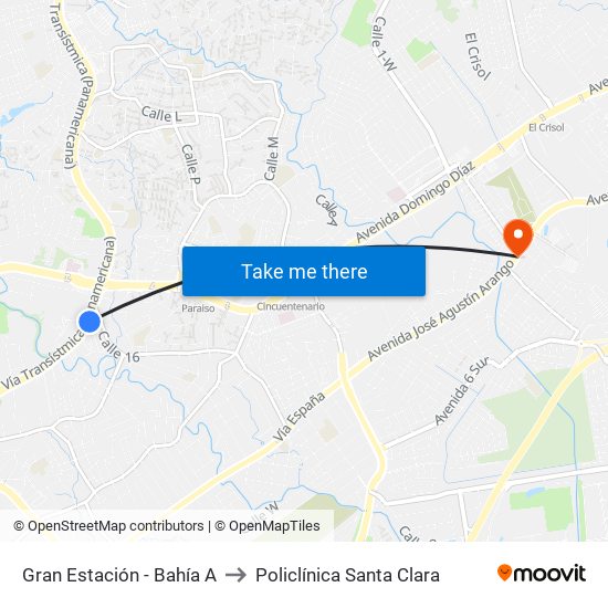 Gran Estación - Bahía A to Policlínica Santa Clara map
