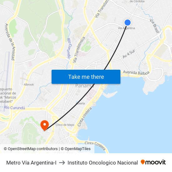 Metro Vía Argentina-I to Instituto Oncologico Nacional map