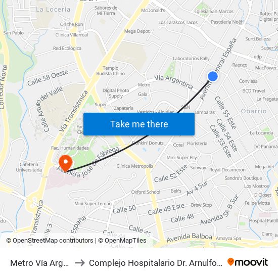 Metro Vía Argentina-I to Complejo Hospitalario Dr. Arnulfo Arias Madrid map