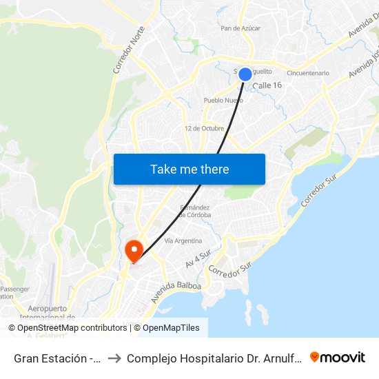 Gran Estación - Bahía A to Complejo Hospitalario Dr. Arnulfo Arias Madrid map