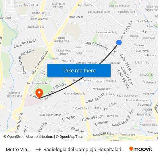 Metro Vía Argentina-I to Radiologia del Complejo Hospitalario de la Caja de seguro social. map