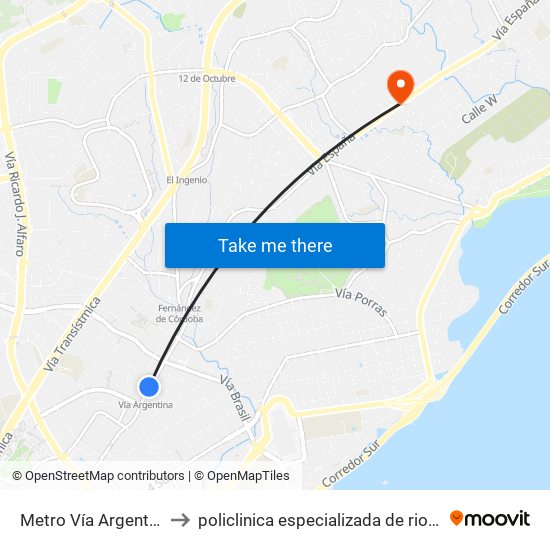 Metro Vía Argentina-I to policlinica especializada de rio abajo map