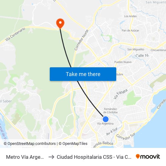 Metro Vía Argentina-I to Ciudad Hospitalaria CSS - Via Centenario map