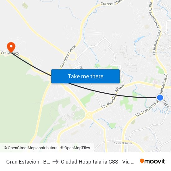 Gran Estación - Bahía A to Ciudad Hospitalaria CSS - Via Centenario map