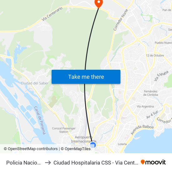 Policia Nacional-I to Ciudad Hospitalaria CSS - Via Centenario map