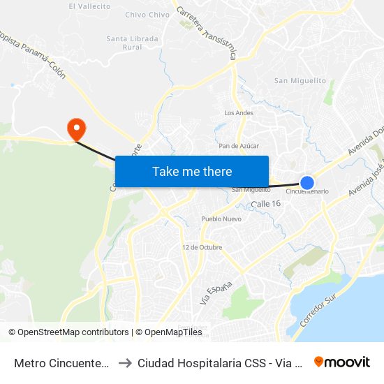 Metro Cincuentenario-R to Ciudad Hospitalaria CSS - Via Centenario map
