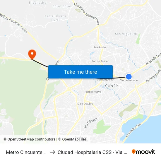 Metro Cincuentenario-R to Ciudad Hospitalaria CSS - Via Centenario map