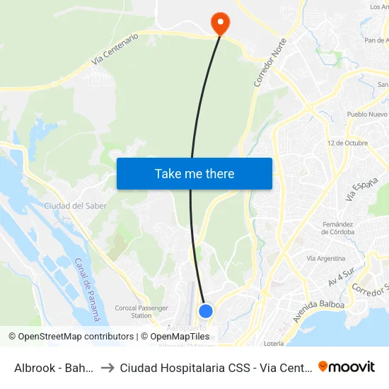 Albrook - Bahía C to Ciudad Hospitalaria CSS - Via Centenario map