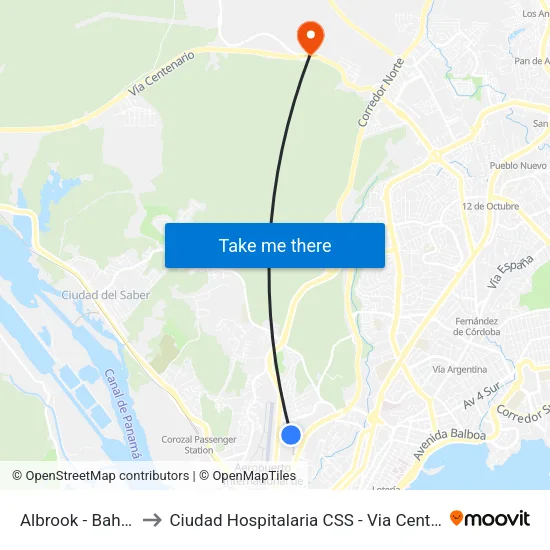 Albrook - Bahía D to Ciudad Hospitalaria CSS - Via Centenario map