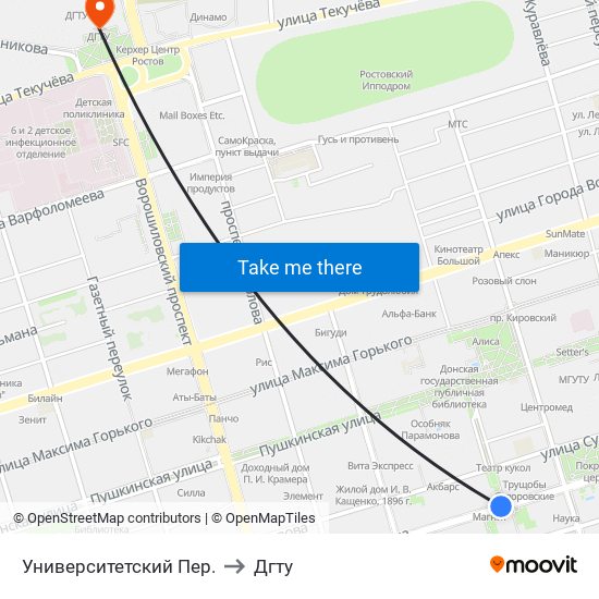 Университетский Пер. to Дгту map