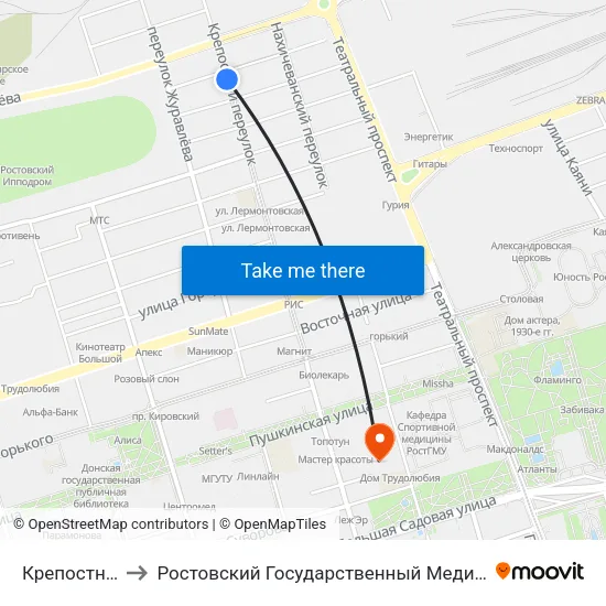 Крепостной Пер. to Ростовский Государственный Медицинский Университет map