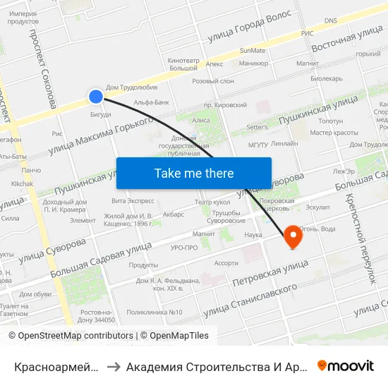 Красноармейская Ул. to Академия Строительства И Архитектуры Дгту map