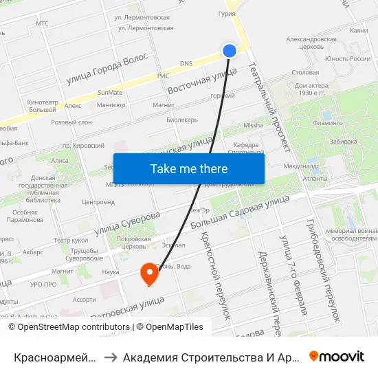 Красноармейская Ул. to Академия Строительства И Архитектуры Дгту map