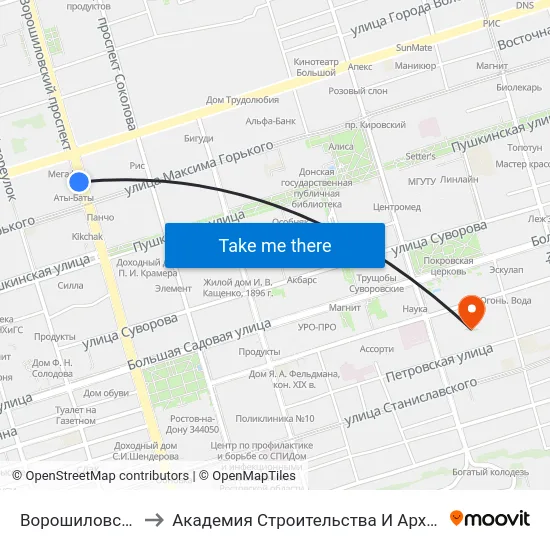 Ворошиловский Пр. to Академия Строительства И Архитектуры Дгту map
