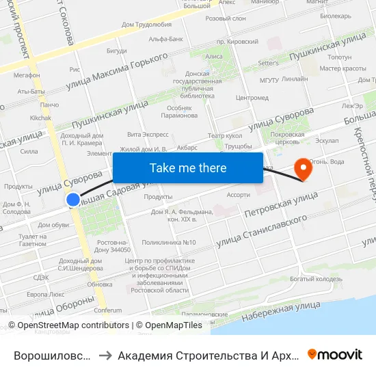 Ворошиловский Пр. to Академия Строительства И Архитектуры Дгту map