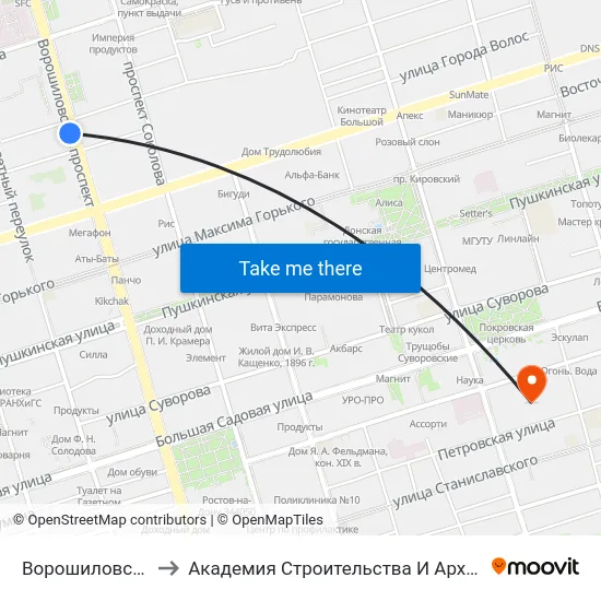 Ворошиловский Пр. to Академия Строительства И Архитектуры Дгту map