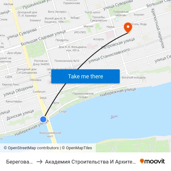 Береговая Ул. to Академия Строительства И Архитектуры Дгту map