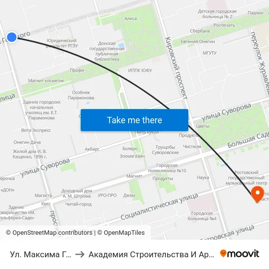 Ул. Максима Горького to Академия Строительства И Архитектуры Дгту map