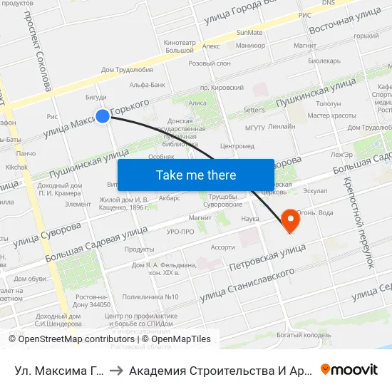 Ул. Максима Горького to Академия Строительства И Архитектуры Дгту map