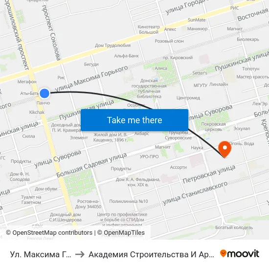 Ул. Максима Горького to Академия Строительства И Архитектуры Дгту map