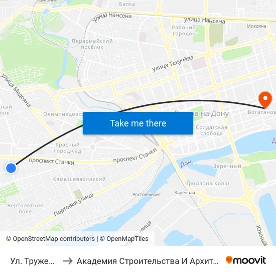 Ул. Тружеников to Академия Строительства И Архитектуры Дгту map