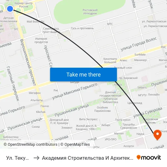 Ул. Текучева to Академия Строительства И Архитектуры Дгту map