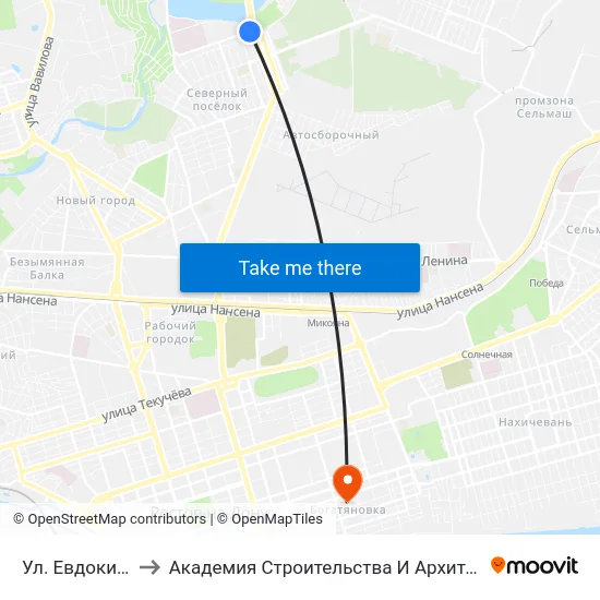 Ул. Евдокимова to Академия Строительства И Архитектуры Дгту map