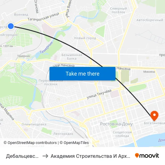 Дебальцевская Ул. to Академия Строительства И Архитектуры Дгту map