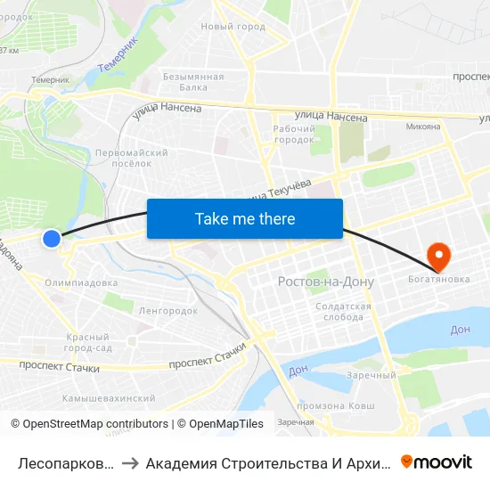 Лесопарковая Ул. to Академия Строительства И Архитектуры Дгту map