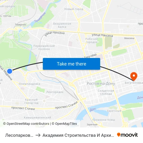Лесопарковая Ул. to Академия Строительства И Архитектуры Дгту map