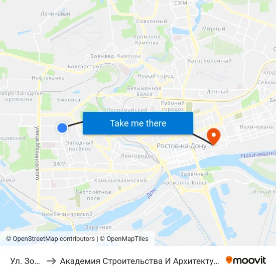 Ул. Зорге to Академия Строительства И Архитектуры Дгту map