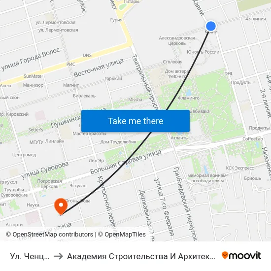 Ул. Ченцова to Академия Строительства И Архитектуры Дгту map