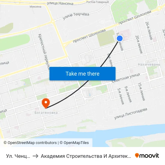 Ул. Ченцова to Академия Строительства И Архитектуры Дгту map