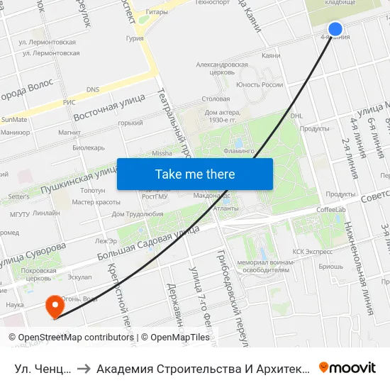 Ул. Ченцова to Академия Строительства И Архитектуры Дгту map